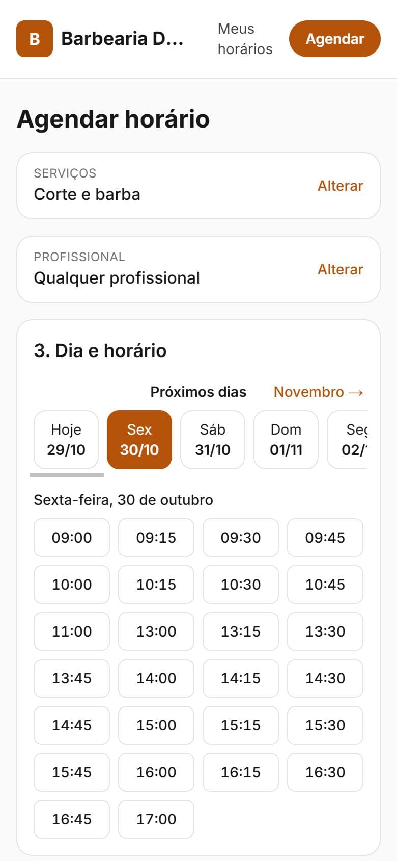 Escolha de dia e horário livre no site de agendamento