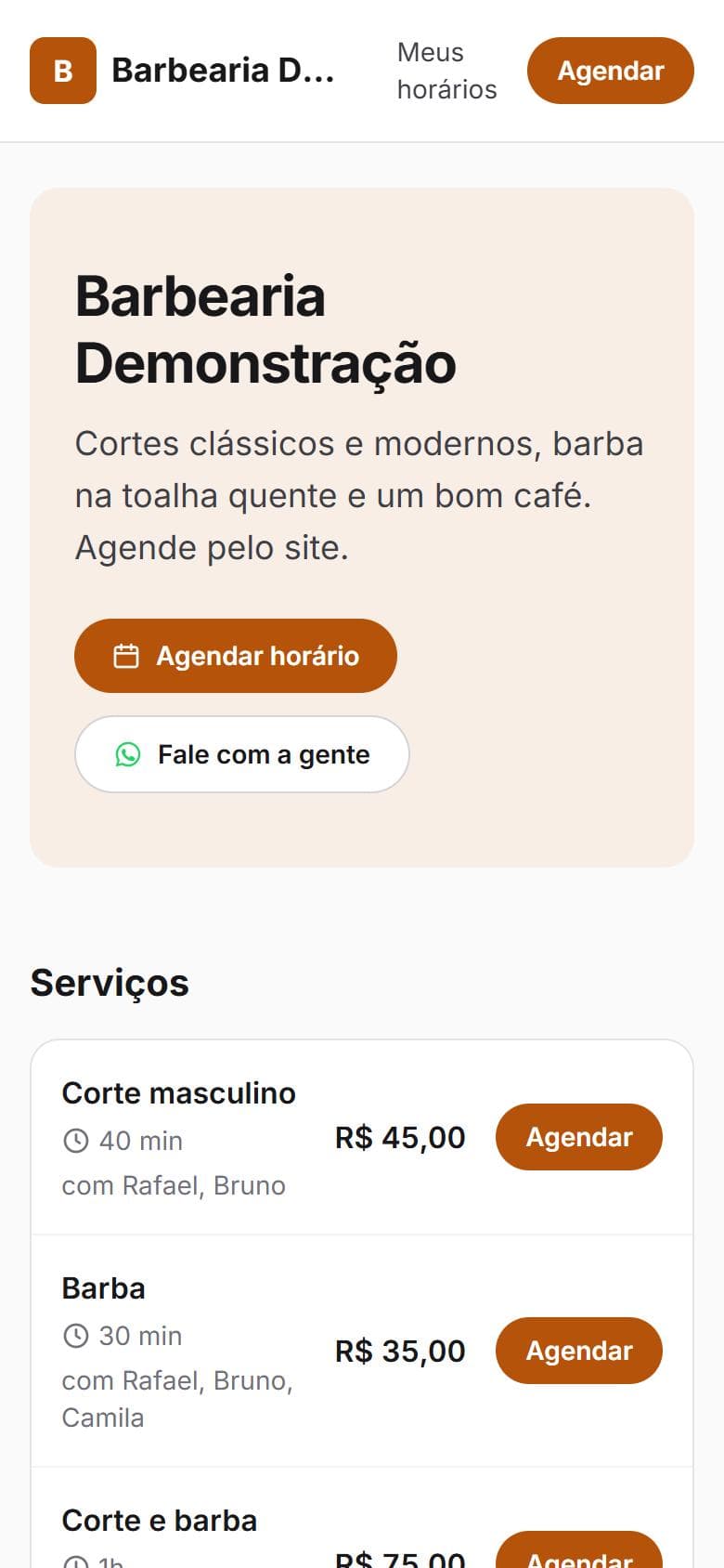 Site de agendamento da barbearia no celular, com os serviços e preços